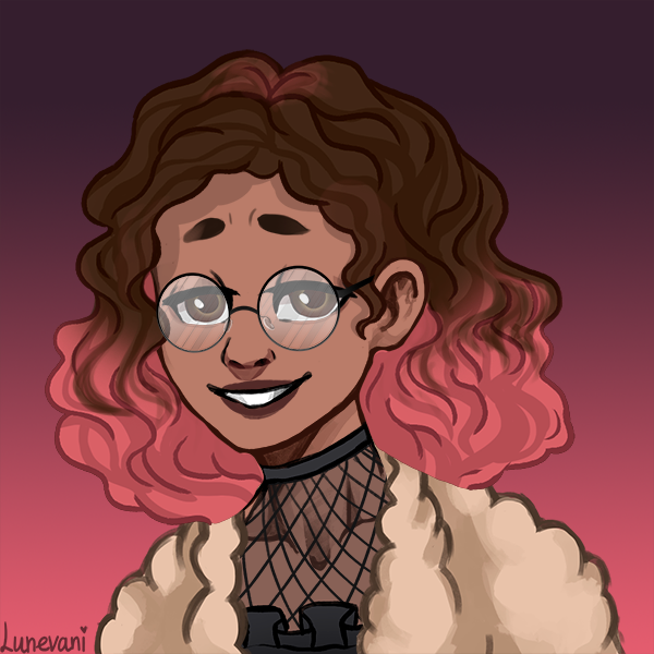 an illustration of a tanned teenager with brown curly hair thats dyed pink at the end. she is wearing a mesh top with fishnets underneath. over this is a fluffy beige wool coat.